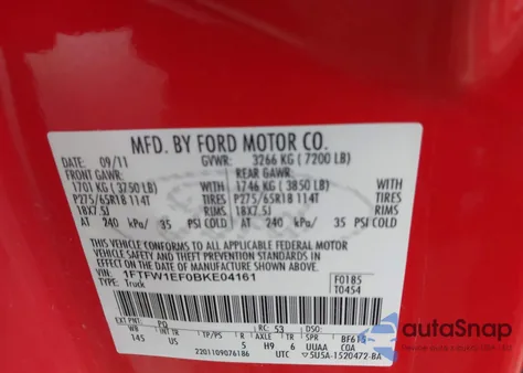 2011 Ford F-150 Xlt from USA, damaged, VIN 1FTFW1EF0BKE04161